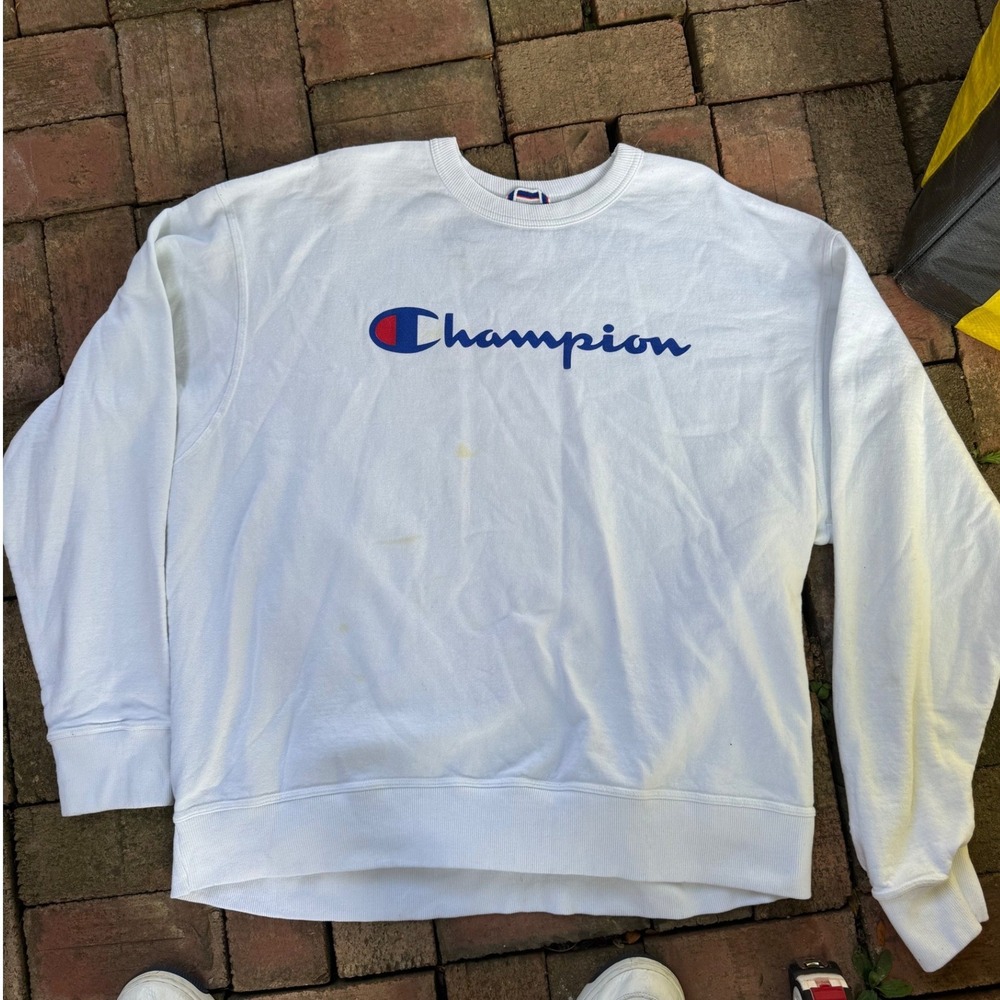 Champion Mens 2XL White Crewneck Sweatshirt Script Logo Fleece Pullover FTX - Picture 2 of 6